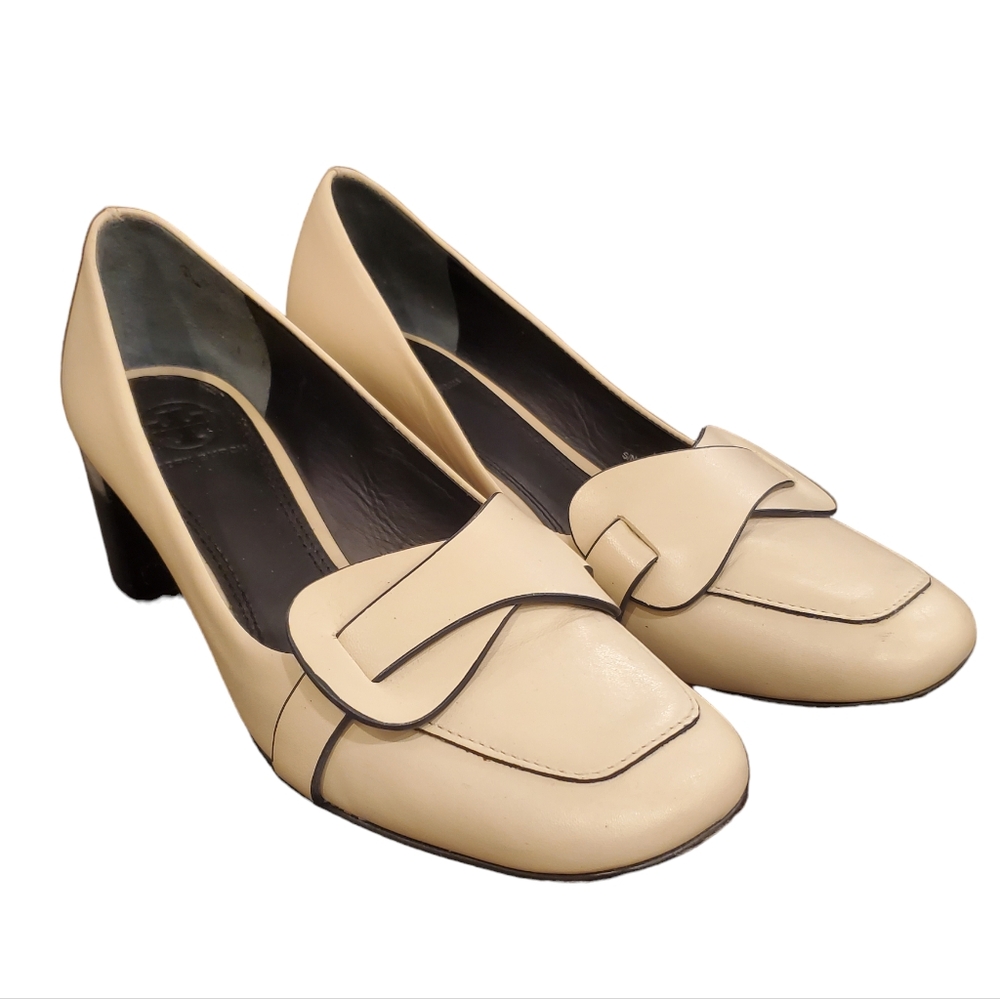Tory Burch Leather Heeled Loafers, Cream  Size 6.5M
